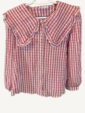 Mango Pink Gingham Ruffle Collar Blouse XS